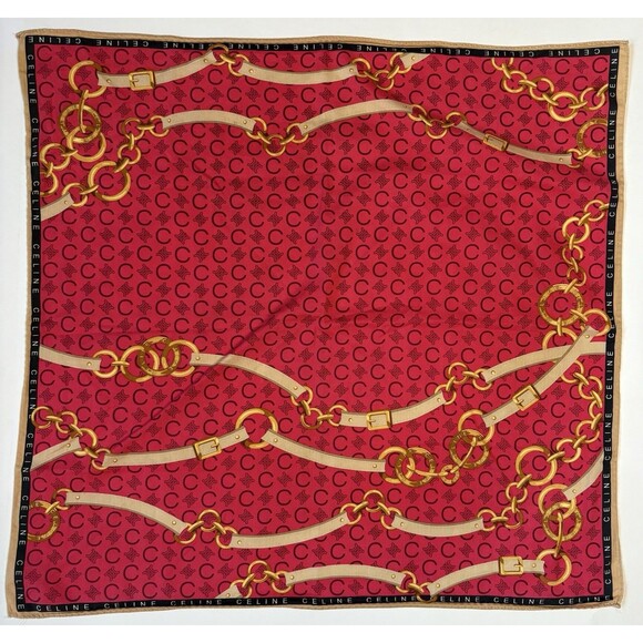Celine Scarf Red w/ Macadam Monogram Pattern Gold Chains and Belts Vintage - Picture 2 of 8